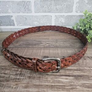 Vintage Braided Leather Belt Brown Snake Embossed Solid Brass Buckle Men's 32-38